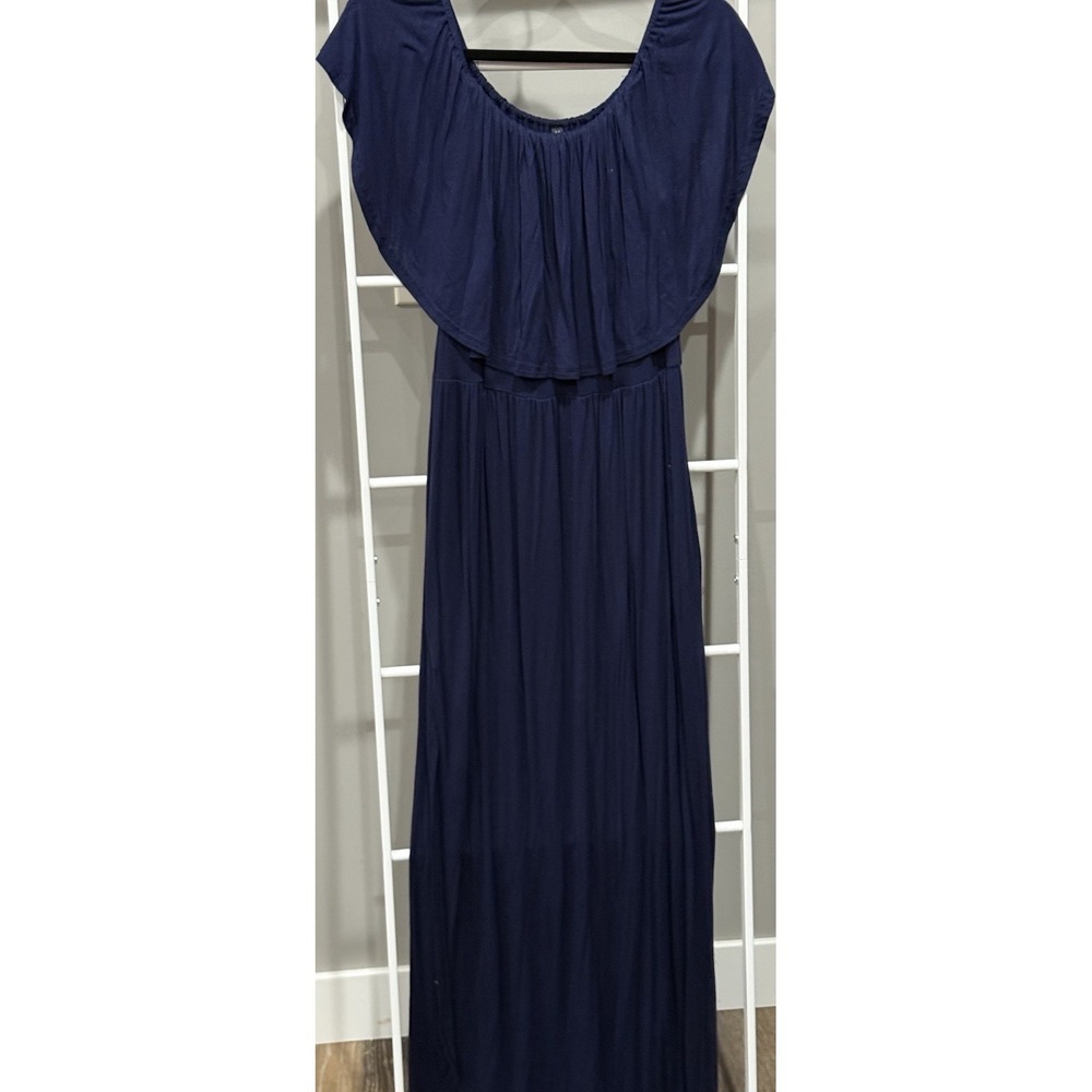 Womens Navy Solid Jersey Maxi Dress M Off Shoulder Ruffle Boho Chic Romantic